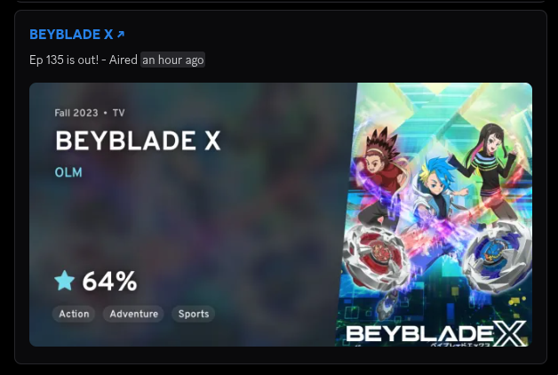 Roxy posting a new episode release notification in a Discord channel, with banner art, score, and genres